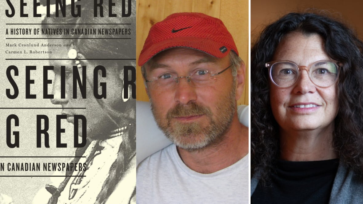 A composite image of a book cover book cover with an Indigenous man in the background and the words Seeing Red written in black lettering and a portrait of a man in glasses and a red hat and a woman with black hair and glasses.