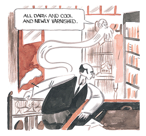 Drawing of a bald man at a desk in a library with a ghostly figure hovering over him Drawing of a bald man at a desk in a library with a ghostly figure hovering over him