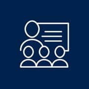 An icon of a teacher presenting a lesson to three students