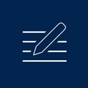 A blue and white icon of a pencil writing on lines